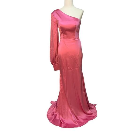 Mac Duggal Ieena Pink One Shoulder Bishop Sleeve Trumpet Gown Size 0 Long Dress - Picture 1 of 10
